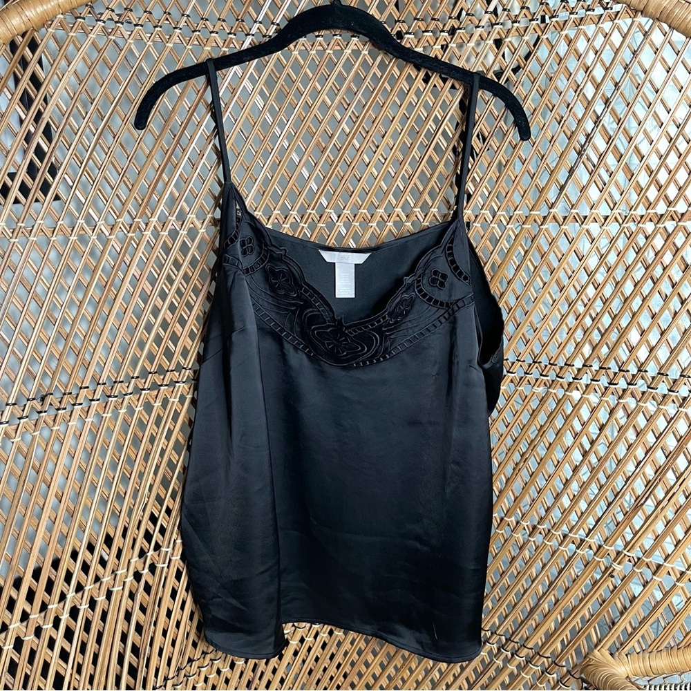 H&M Black Lace-Trim Satin Cami Top